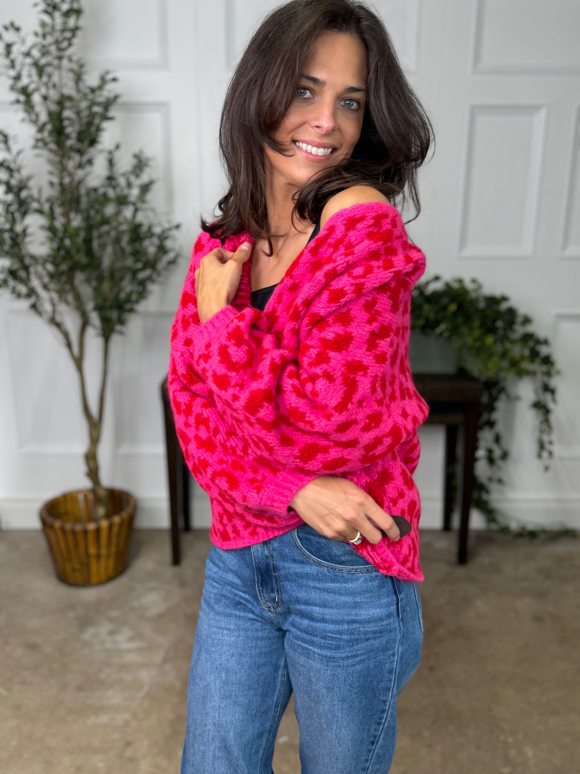 Leopard Cardigan Pink Red