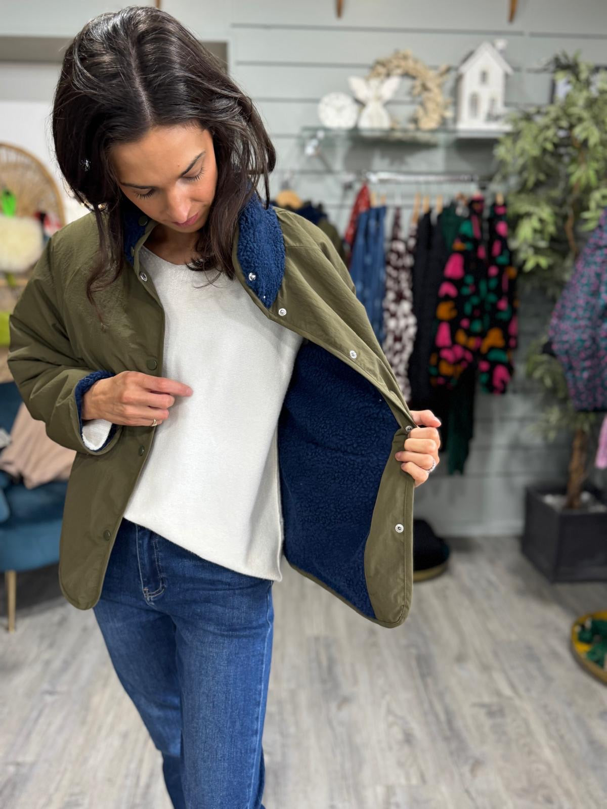 Reversible Button Up Jacket Khaki and Blue
