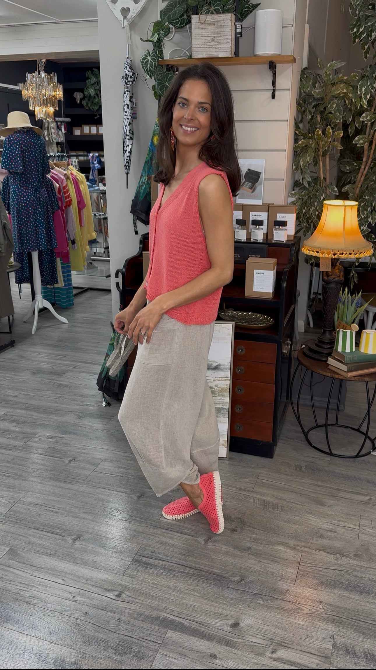 Cotton Blend Button Waistcoat Coral