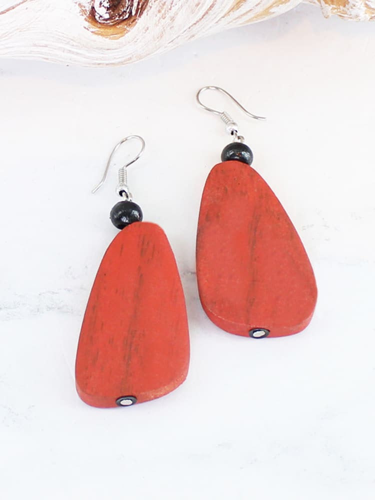 Wooden Pebble Earring Red