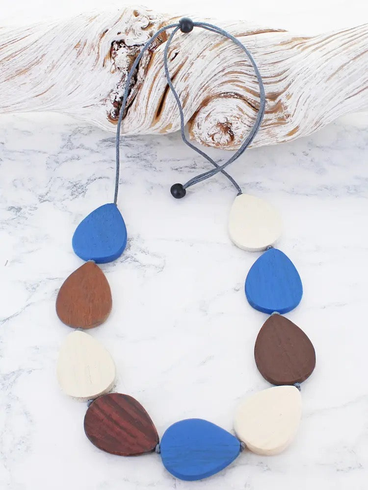 Wooden Teardrop Necklace Blue