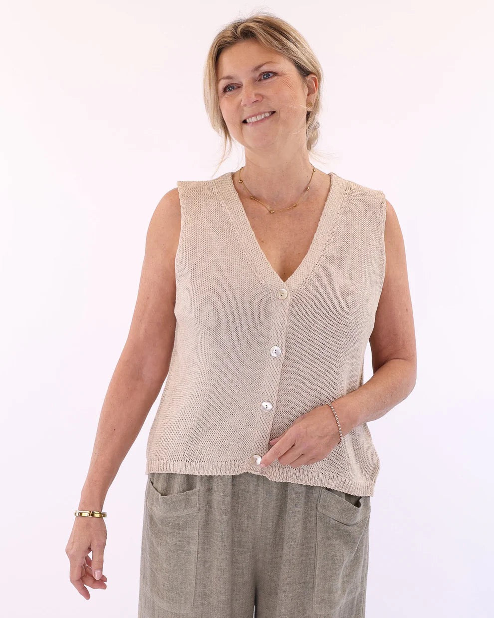 Cotton Blend Button Waistcoat Beige