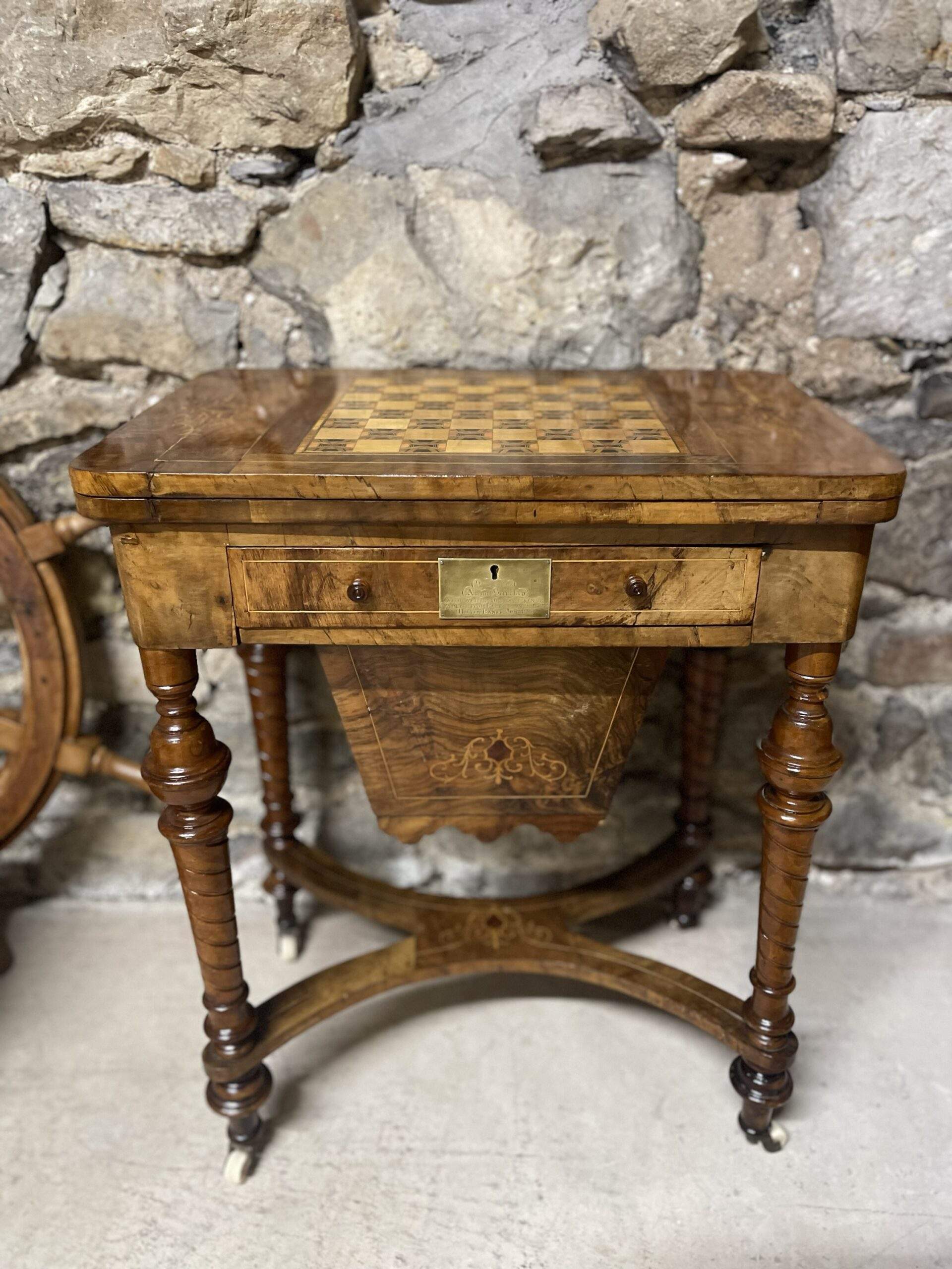 Victorian inlaid walnut turnover games table
